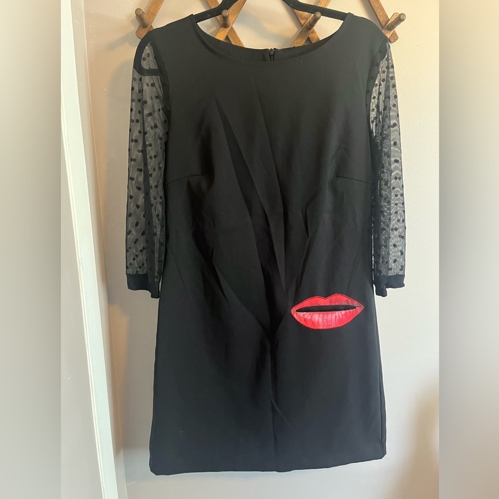 Desigual Bastiaan MUAKS Black Red Lips Sheer Polka Dot Sleeve Dress Small